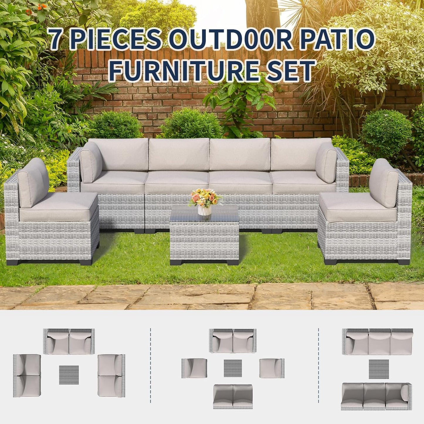 7 Piece Patio Furniture Set, Rattan Outdoor Patio Conversation Sets, Outdoor Sectional Furniture with Waterproof Cushion and Coffee Table, for Deck, Backyard, Garden, Field Gray