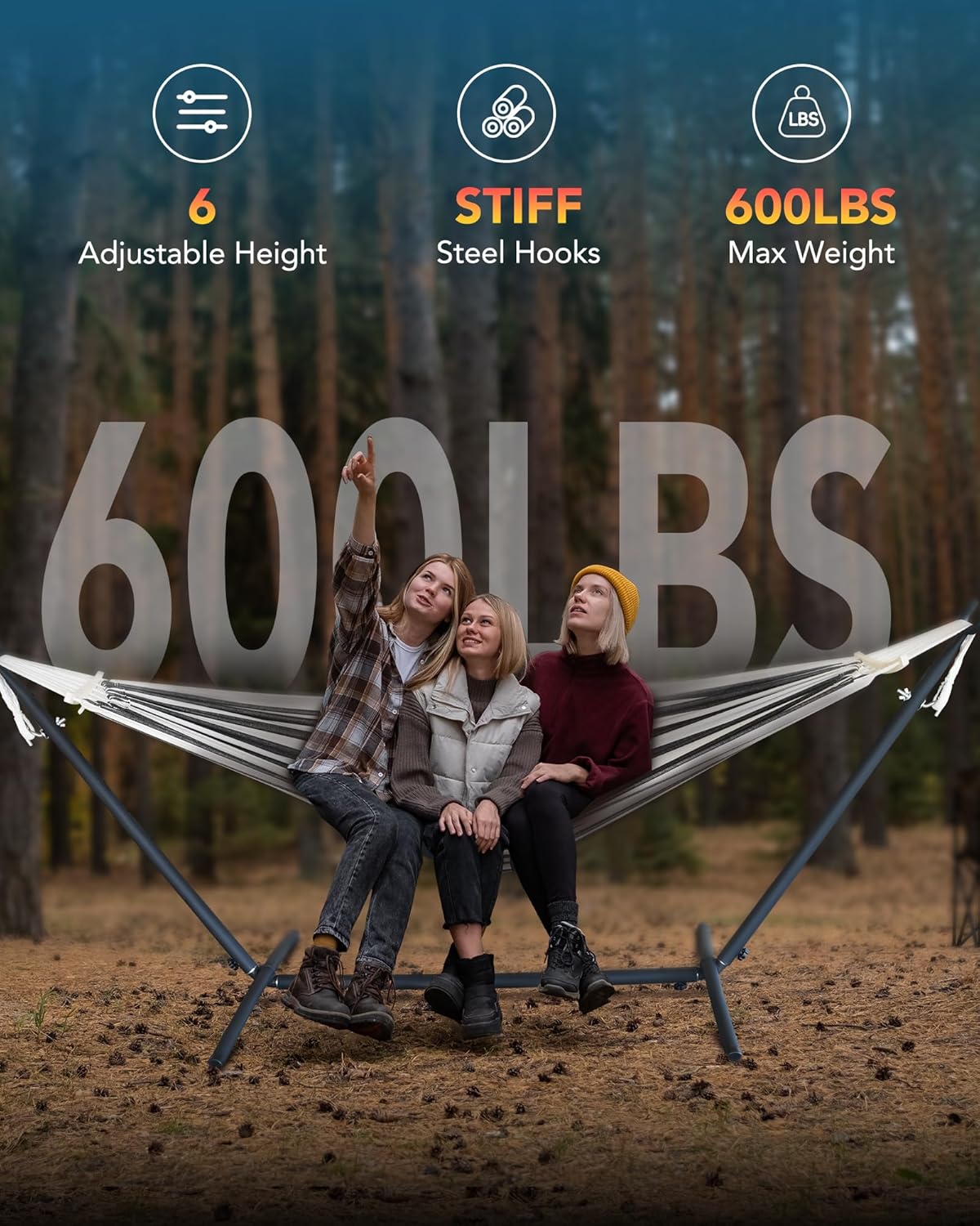 Hammock with Heavy-Duty Steel Stand,Portable,Easy Assembly,600lbs Weight Capacity,Suit for Indoor,Yard,Camping,or Outdoor,Black White