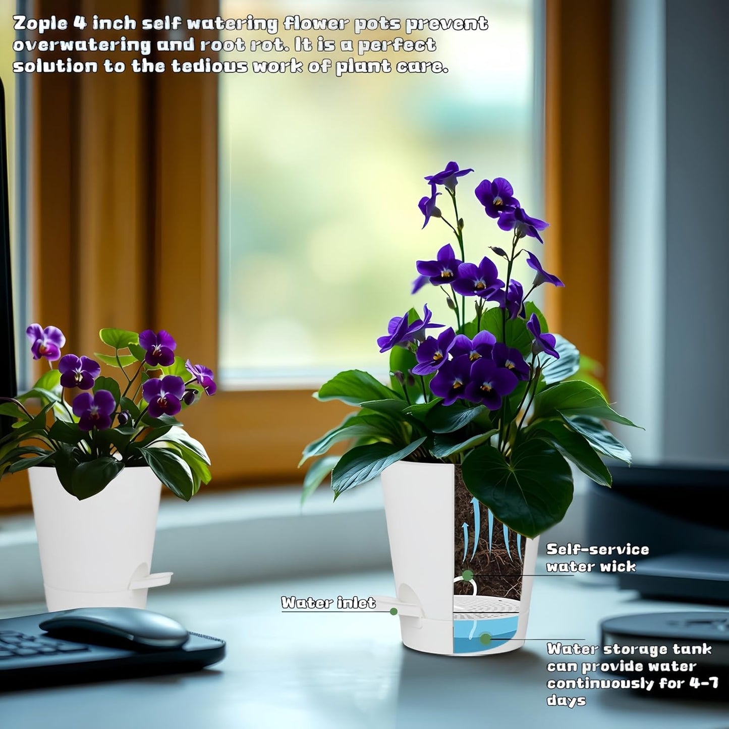 12 Pack 4 Inch Self Watering Plant Pots with Drainage and Saucers，Plastic Flower Pots for Indoor and Outdoor Plants, Nursery Planters for Houseplants and Herbs White, 4 inch 12pcs