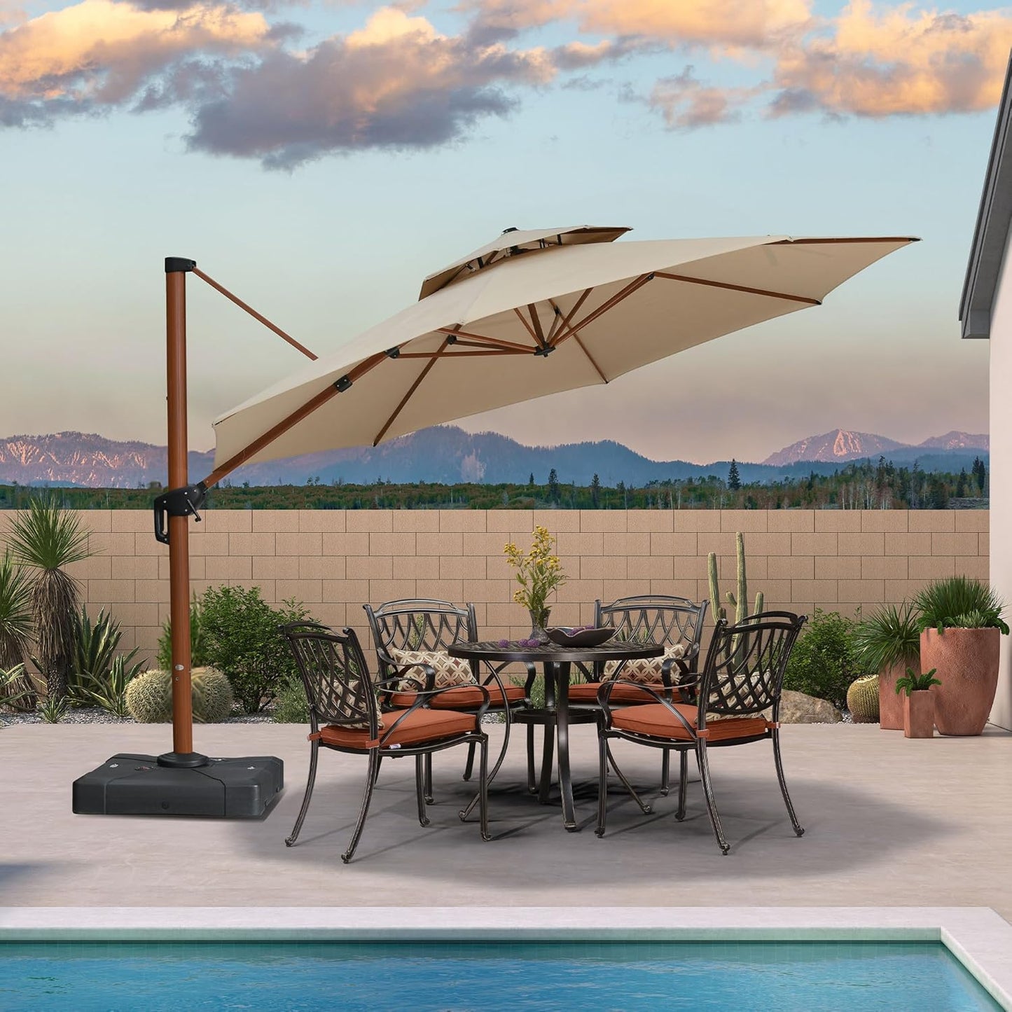 PURPLE LEAF 13ft Patio Umbrella Cantilever Umbrellas Outdoor Round Wood Umbrella Offset Umbrellas Heavy Duty Sun for Garden Deck Pool, Heather Beige