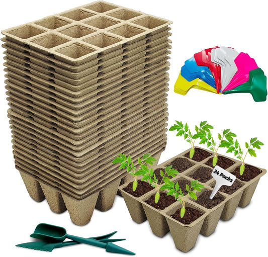 PINVNBY 288 Cells Seed Starter Tray 24 Packs Biodegradable Peat Pots for Seedlings Disposable Seedling Starter Trays with 24 Labels and 2 Transplant Tools for Indoor Outdoor Garden