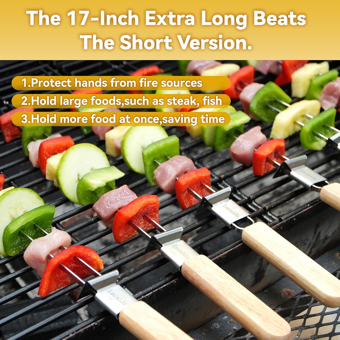 Skewers for Grilling, 17" (10 Pcs) Wooden Handle Double Pronged Stainless Steel Flat Kabob Skewers with Push Bar, Reusable Long Metal Skewer Sticks for Meat Chicken Vegetable, BBQ Accessories