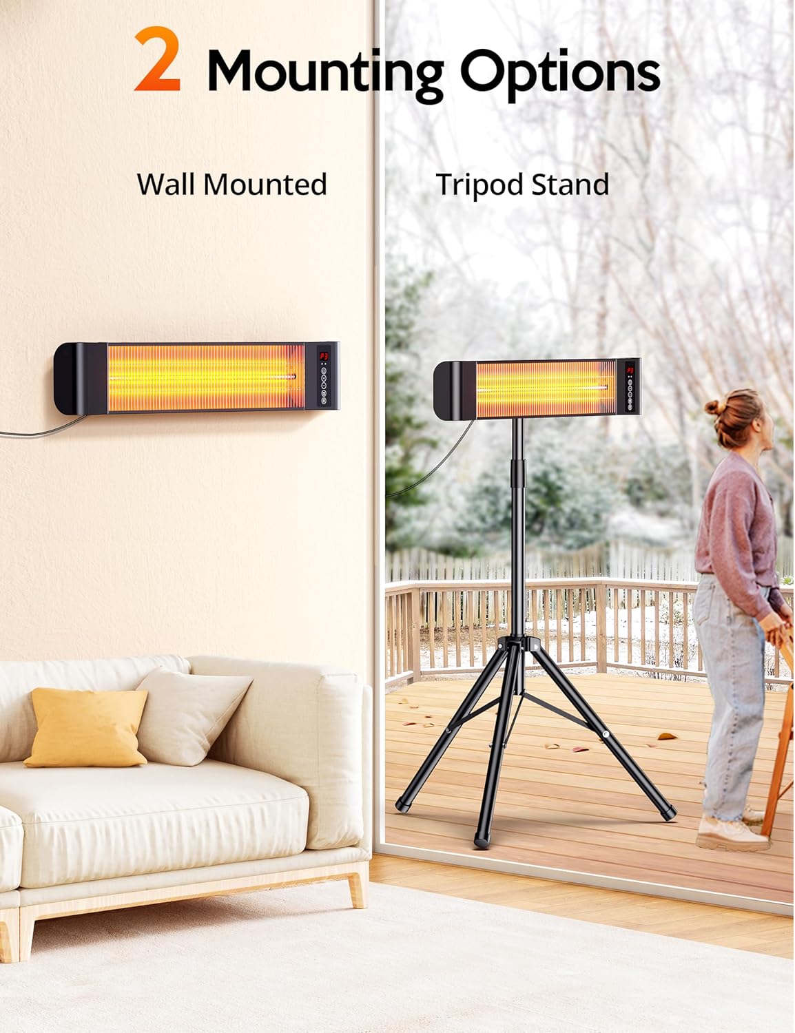 VAGKRI Outdoor Heaters, Electric Infrared Patio Heater with Remote and 12H Timer, IP65 Waterproof, 3 Heat Levels, Wall Mount or Tripod Stand for Home, Office, Patio, Garage