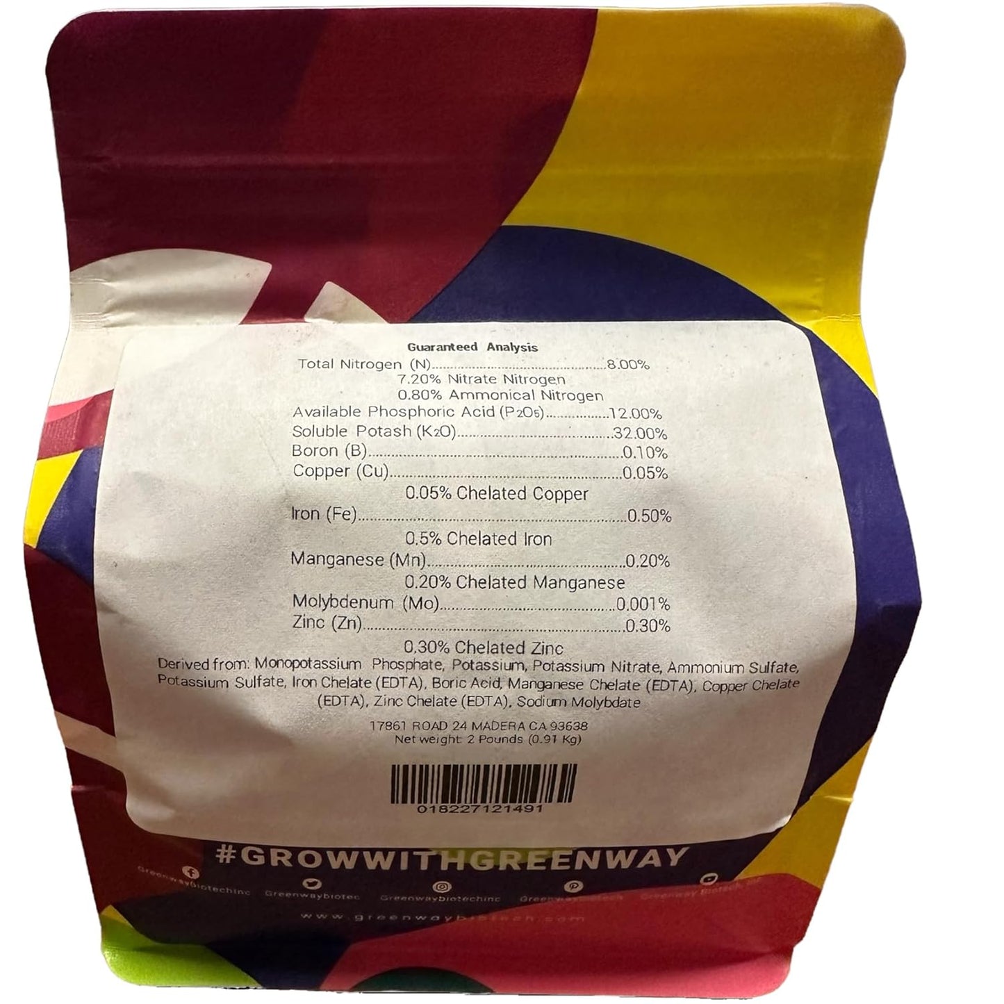 Greenway Biotech Strawberry 8-12-32 Fertilizer Powder 100% Water Soluble Plus Trace Minerals- Includes Essential Chelated Micronutrients for Tasty Fruits (2 Pounds 400 Gallons)