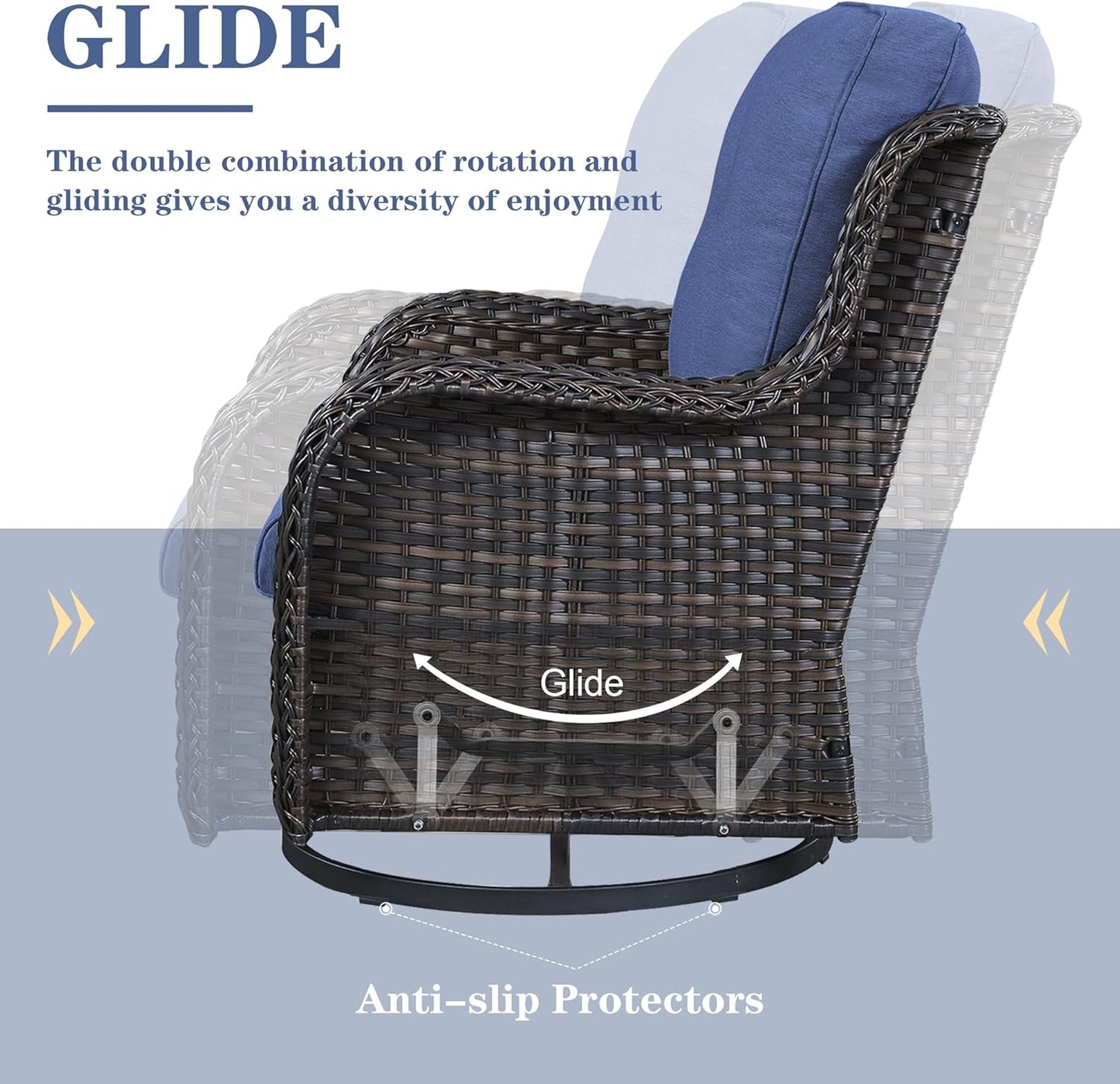 5 Pieces Patio Wicker Furniture Set - 4 Outdoor Swivel Rocker Glider Chairs with Propane Fire Pit Table, Warm Patio Conversation Set Blue Cushion Perfect for Casual Gathering