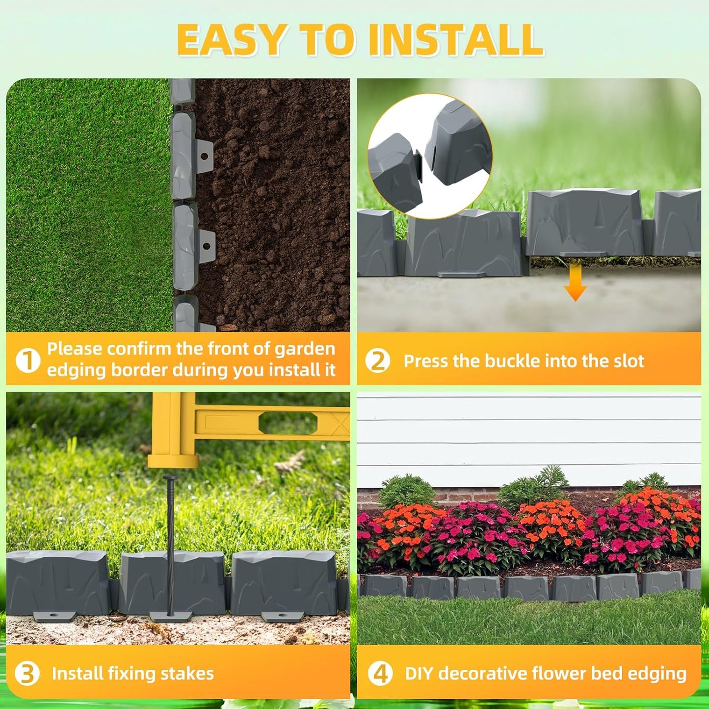 16Pcs Landscape Edging(24 Foot) with 48 Pieces 8-inch Spikes | 3 Inch Tall Faux Stone Edging for Landscaping | Faux Stone Edging Bricks for Flower Bed,Lawn,Yard,Weed Barrier(Dark Grey)