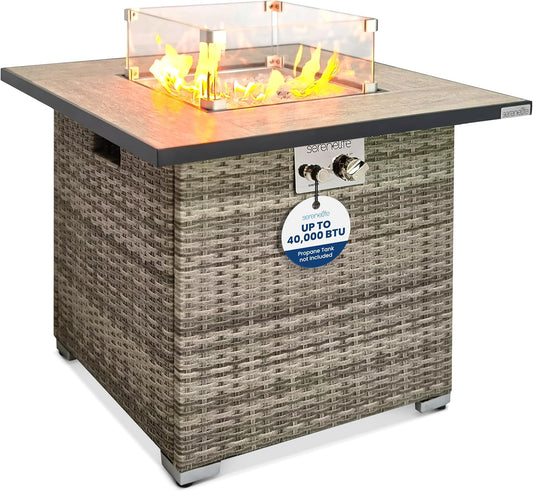 SereneLife Outdoor Propane Fire Pit Table - CSA/ETL Certified Safe 50,000 BTU Pulse Ignition Weatherproof Square Wicker Propane Gas Fire Table w/Tile Tabletop Adjustable Flame - Glass Rocks