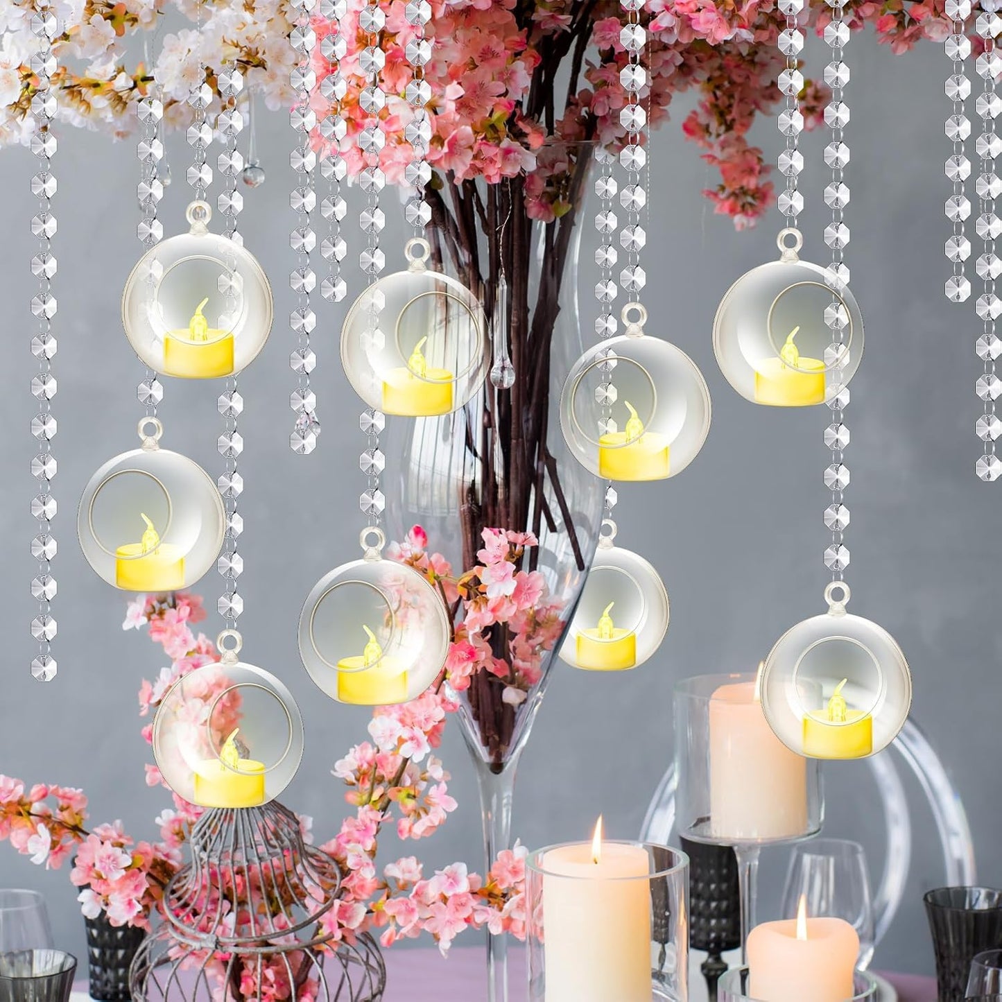 Booson 100 Pcs Hanging Candle Holder Glass Globes Orbs with Crystal Acrylic Gems Bead Garland Tea Lights Candles Holder for Wedding Party Tree Decor