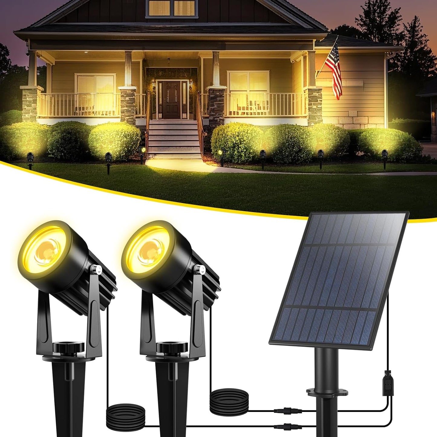 T-SUN Solar Spotlights 2W Outdoor LED Landscape Spot Light, 2-in-1 Waterproof Solar Powered Wall Lights Auto ON/Off with Dual Headlamp for Garden, Yard, Pathway(Warm White)