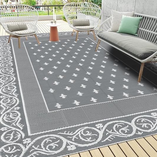 Pauwer Waterproof Outdoor Rug 8x10, Reversible Plastic Straw Patio Camping Rug, Indoor Outdoor RV Mat Carpet for Deck, Camper, Porch, Balcony, Backyard, Picnic, Bordered Grey