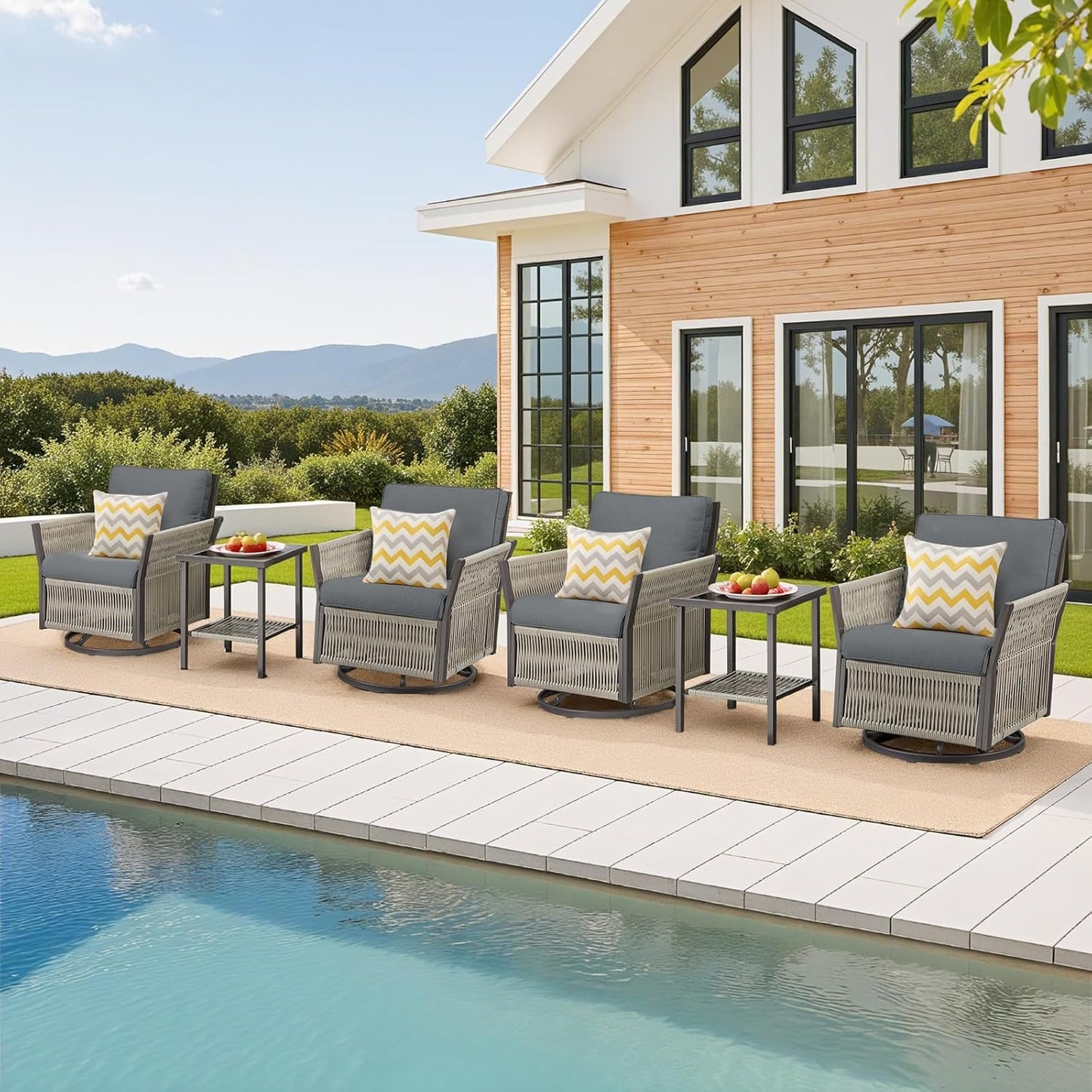 Patio Furniture Wicker Outdoor Conversation Set, 6-Piece All Weather Patio Furniture Rattan Rocking Sets w/Removable Cushions & Ottomans, Bistro Set for Backyard, Balcony, Deck, Dark Grey