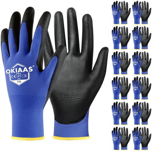 OKIAAS Work Gloves for Men，Ultra Thin and Lightweight Working Gloves with Grip, 12 Pairs Bulk Pack with Polyurethane Coating, for Light Duty Work (Blue, Small)
