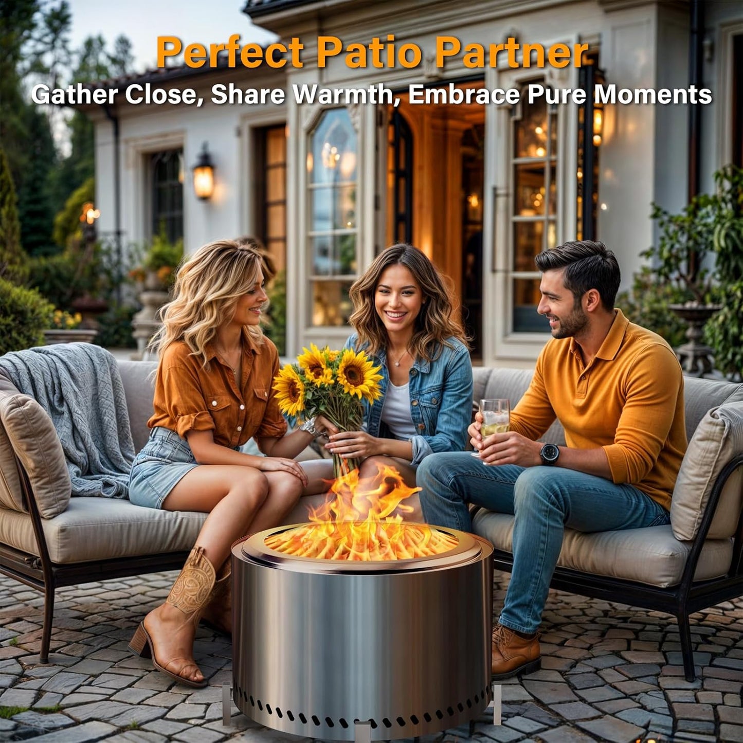 HGD 27.5" Smokeless Fire Pit with Stand, Stainless Steel Wood Burning Firepit for Friends & Family Gatherings, Secondary Combustion Outdoor Patio Stove for Garden BBQ & Bonfire