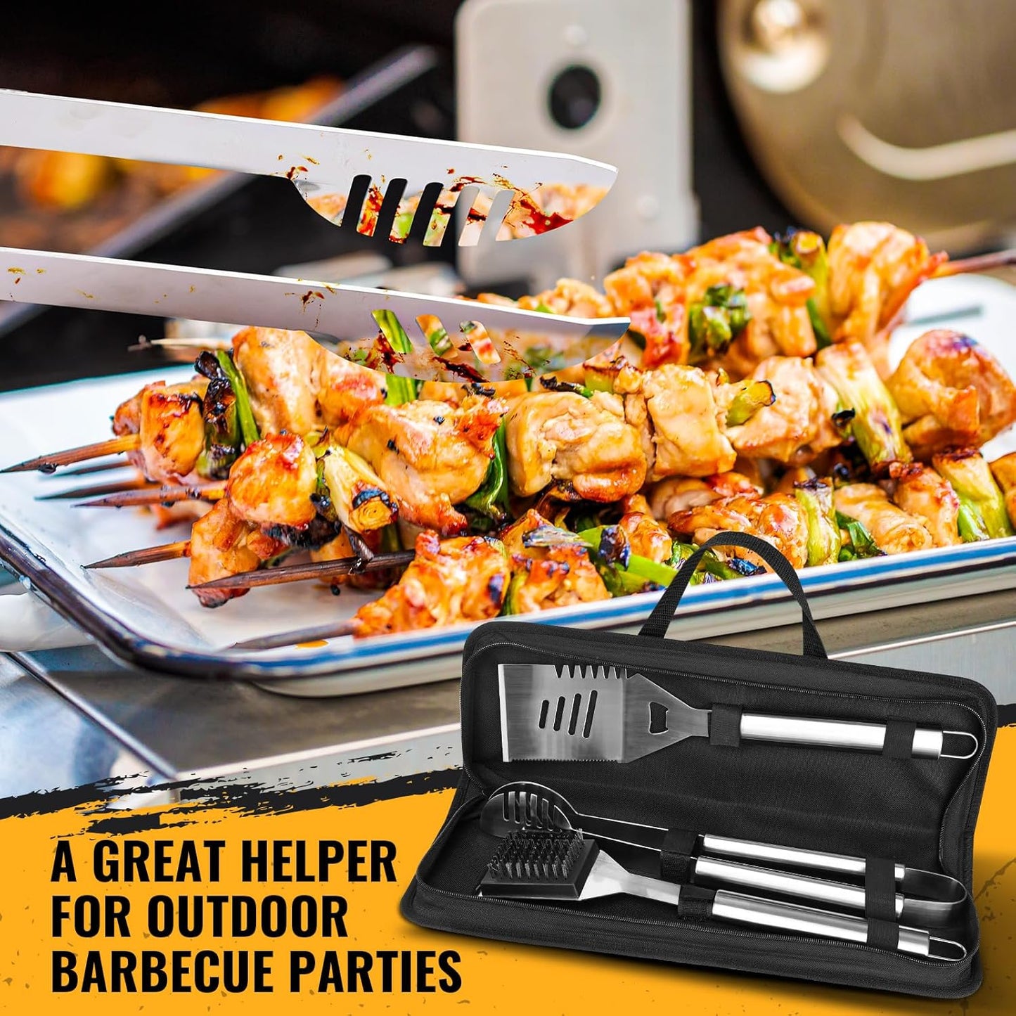 BBQ Grill Tools Set 16-inch Heavy Duty, 3 Pcs - Barbecue Utensils Kit for Camping, Kitchen, Outdoor Cooking,Suitable as a Gift for Men, Fathers, Friends