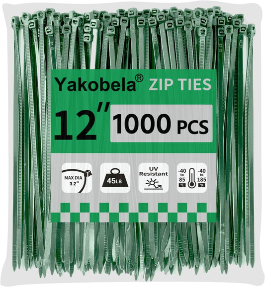 Green Zip Ties 12", 1000 Pack, Cable Ties UV Resistant, Wire Ties 45 lbs Tensile Strength for Garden, Plants, Fence, Holiday Lights, Yakobela
