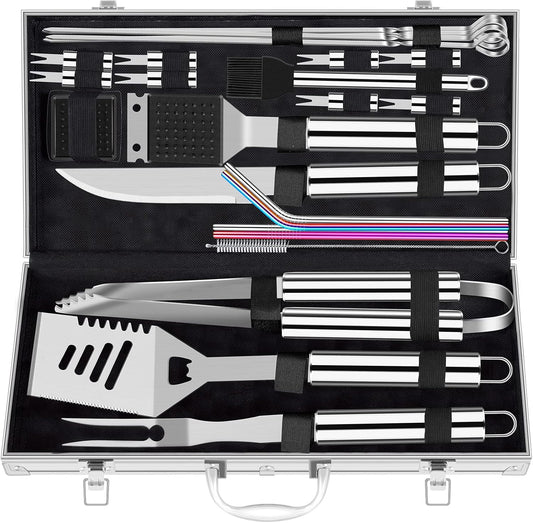 ROMANTICIST 25pcs Extra Thick BBQ Grill Accessories, Fathers Day Grilling Gifts Set for Men Dad, Heavy Duty Grill Tools Utensils Kit with Spatula, Tongs in Aluminum Case for Birthday Silver