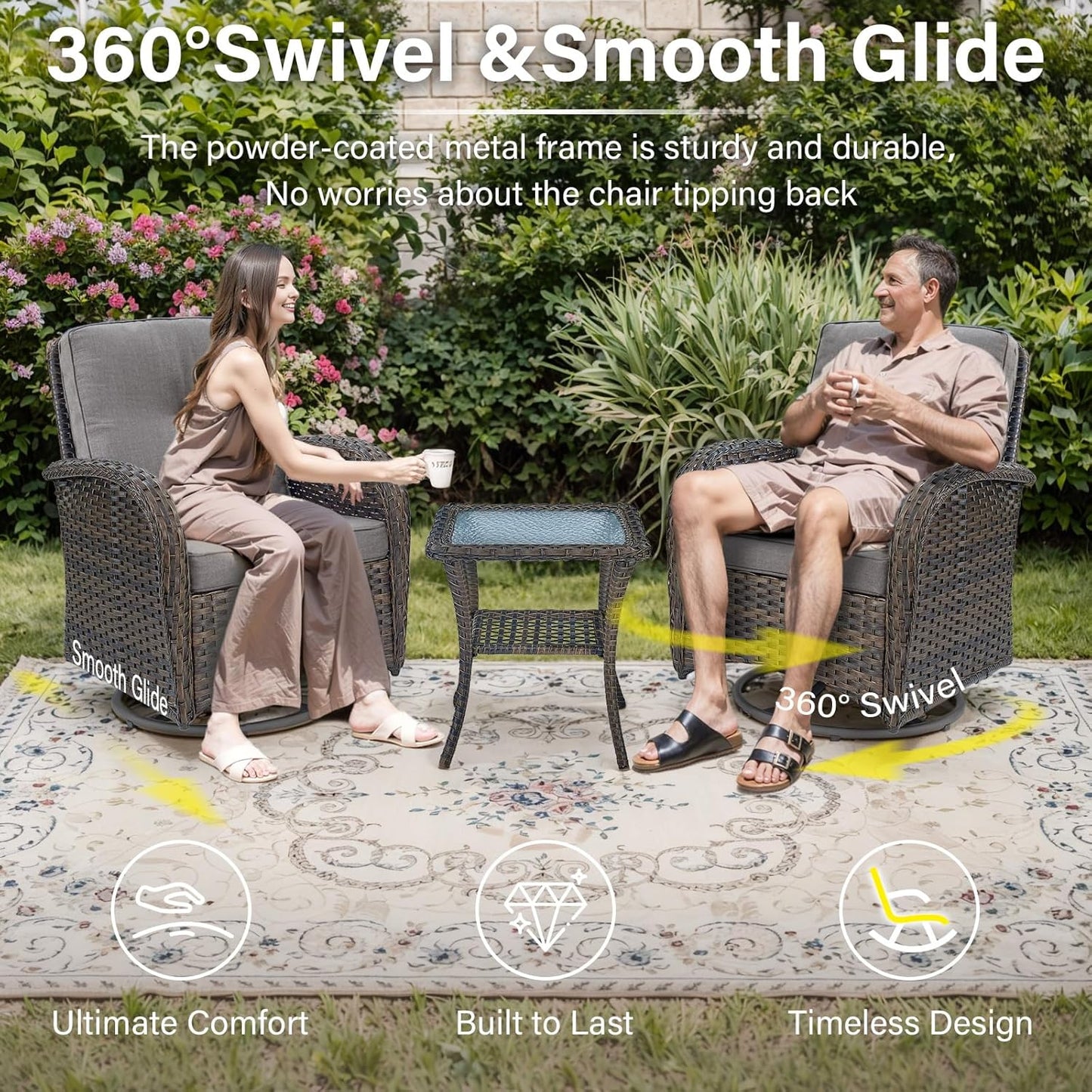 Grand 13 Pieces Outdoor Patio Furniture Set with 4 Swivel Glider Chairs and 50000 BTU Propane Fire Pit Table, Patio Conversation Set with Sofa and Wicker Side Table for Big Garden Backyard