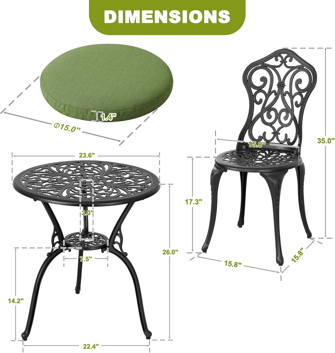 NUU GARDEN Patio 3-Piece Bistro Set with Cushions, Patio Chairs and Outdoor Round Table with Umbrella Hole, Cast Aluminum Patio Set for Lawn, Garden, Porch, Poolside, Black