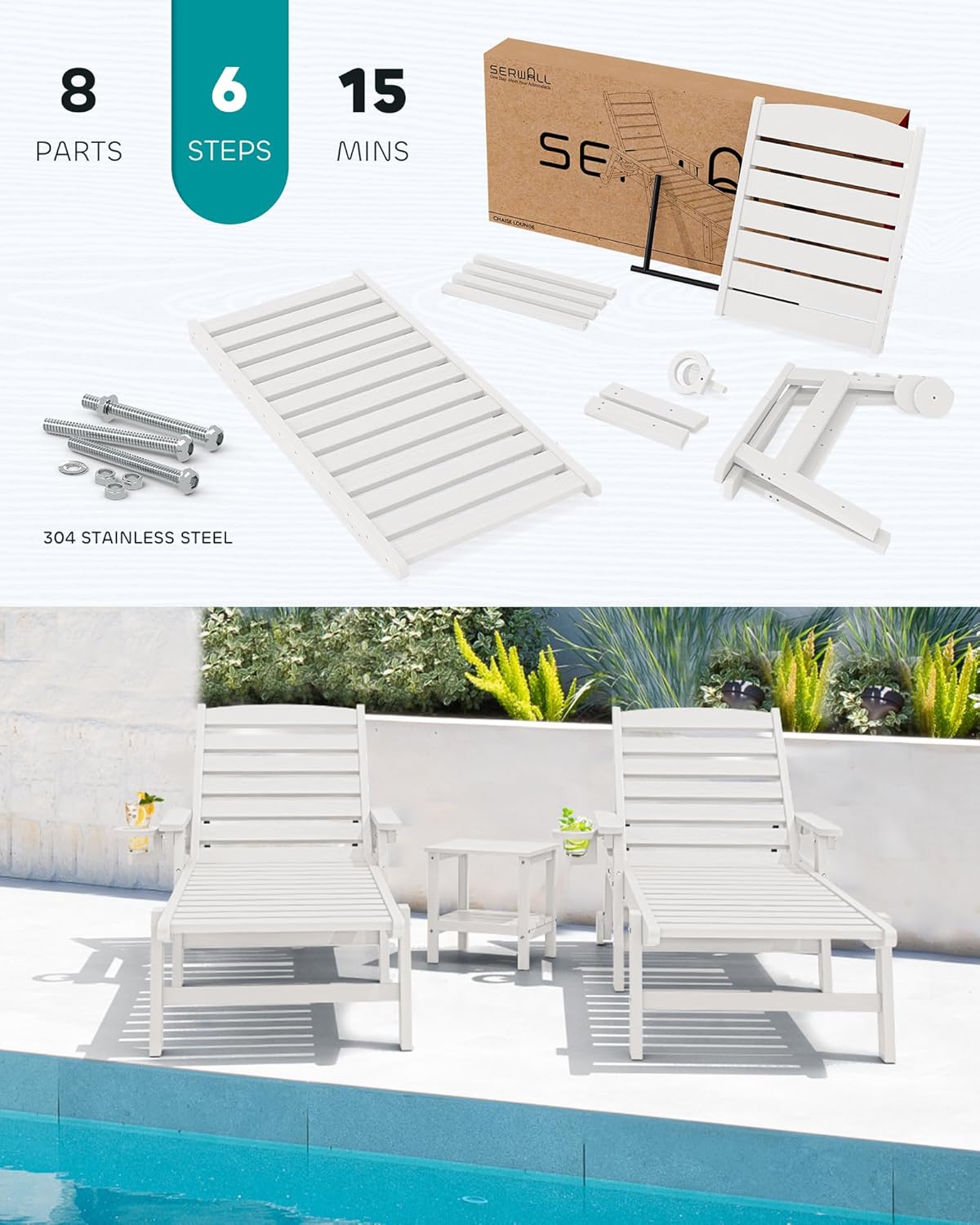 SERWALL Patio Chaise Lounge Chair Set of 4, 5 Positions Adjustable Poly Outdoor Lounge Chair for Pool, HDPE Lounge Chair with Rolling Wheels & Cup Holder for Poolside, Deck, White