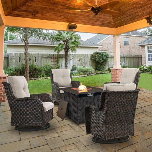 5 Pieces Patio Wicker Furniture Set - 4 Outdoor Swivel Rocker Glider Chairs with Propane Fire Pit Table, Warm Patio Conversation Set Beige Cushion Perfect for Casual Gathering