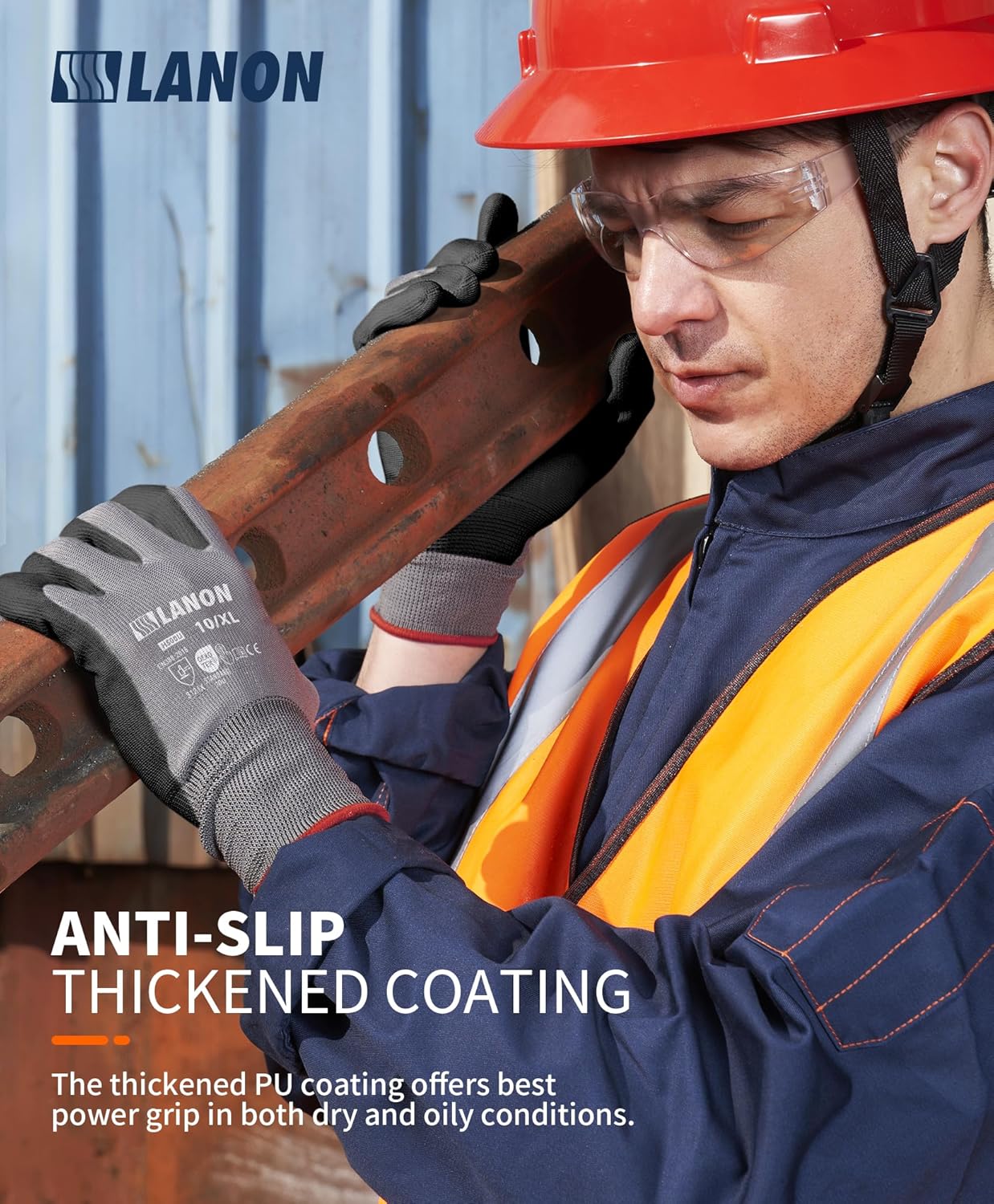 LANON 18 Pairs Safety Work Gloves, Mechanic Working Gloves for Men,Breathable PU Coated, Seamless Knit,Double Wash, Grey, Large