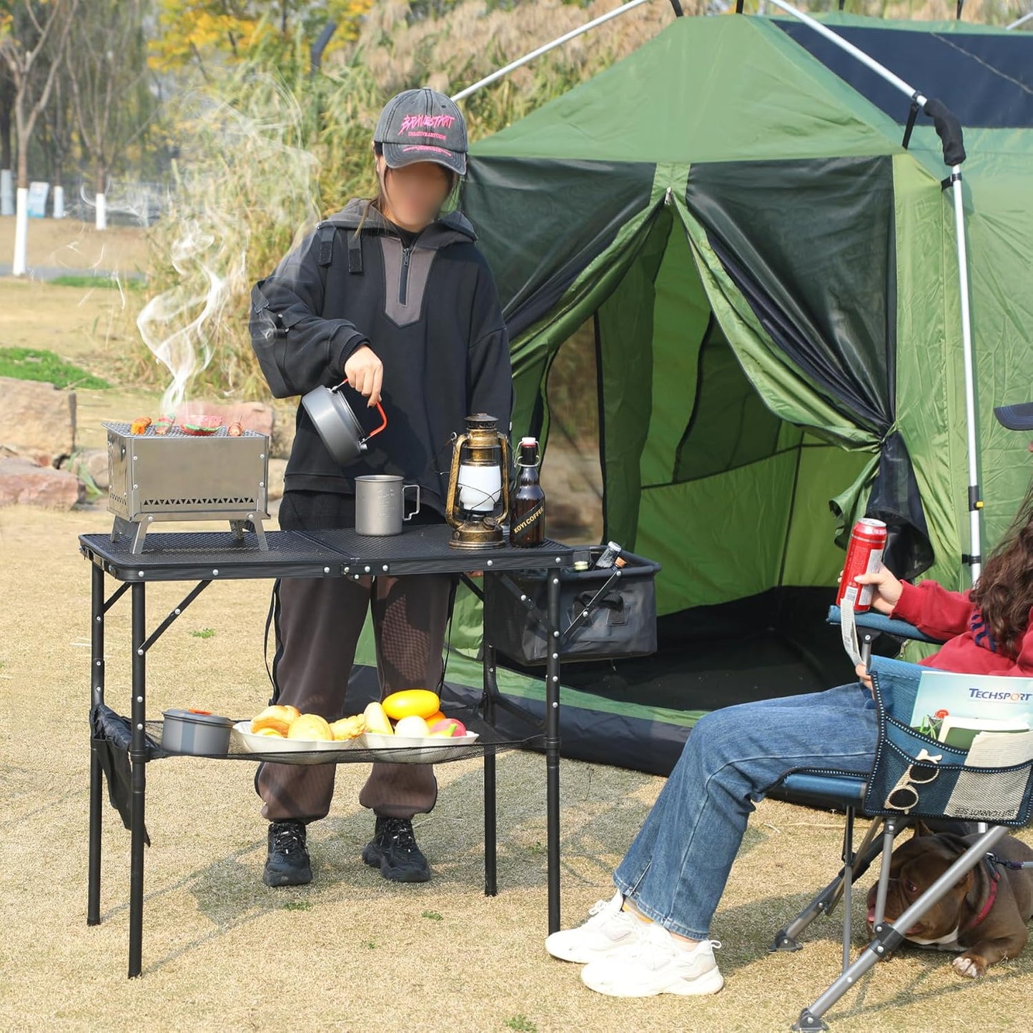 REDCAMP Folding Portable Grill Table with Sink for Outside, Lightweight Aluminum Metal Grill Stand Picnic Table for Camping Cooking BBQ RV Picnic, 2 Heights Adjustable,Black 36"x20"
