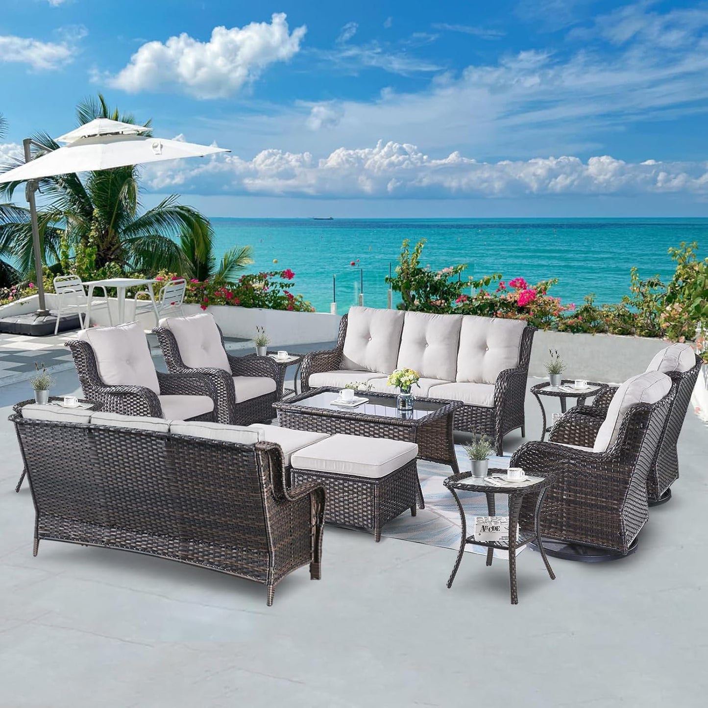 Wicker Patio Furniture Sets - 13 Piece Outdoor Rattan Furniture Conversation Sets with 4 Swivel Rocker Chairs, 2 Rattan Sofas, Wicker Ottomans and Coffee Table, Brown/Beige