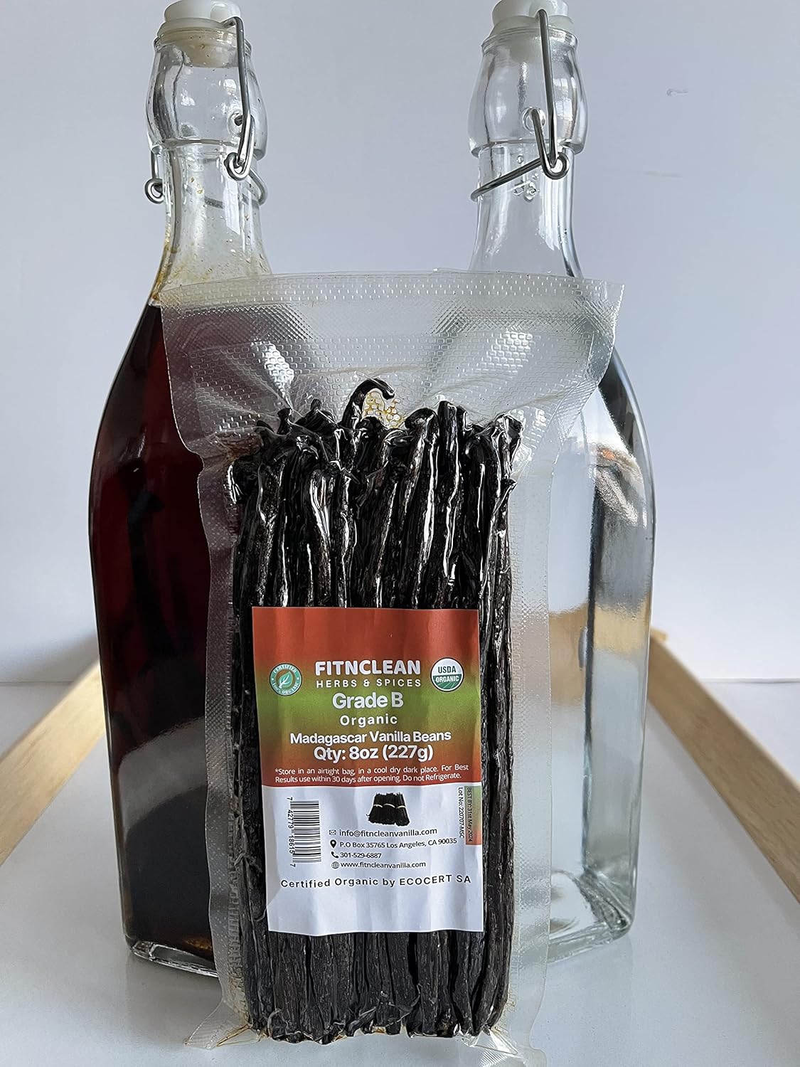 8oz Organic Madagascar Vanilla Beans Grade B for Extract. Certified USDA Organic. 5"-7" by FITNCLEAN VANILLA for Paste and Baking (1/2 Lb) Whole NON-GMO Pods