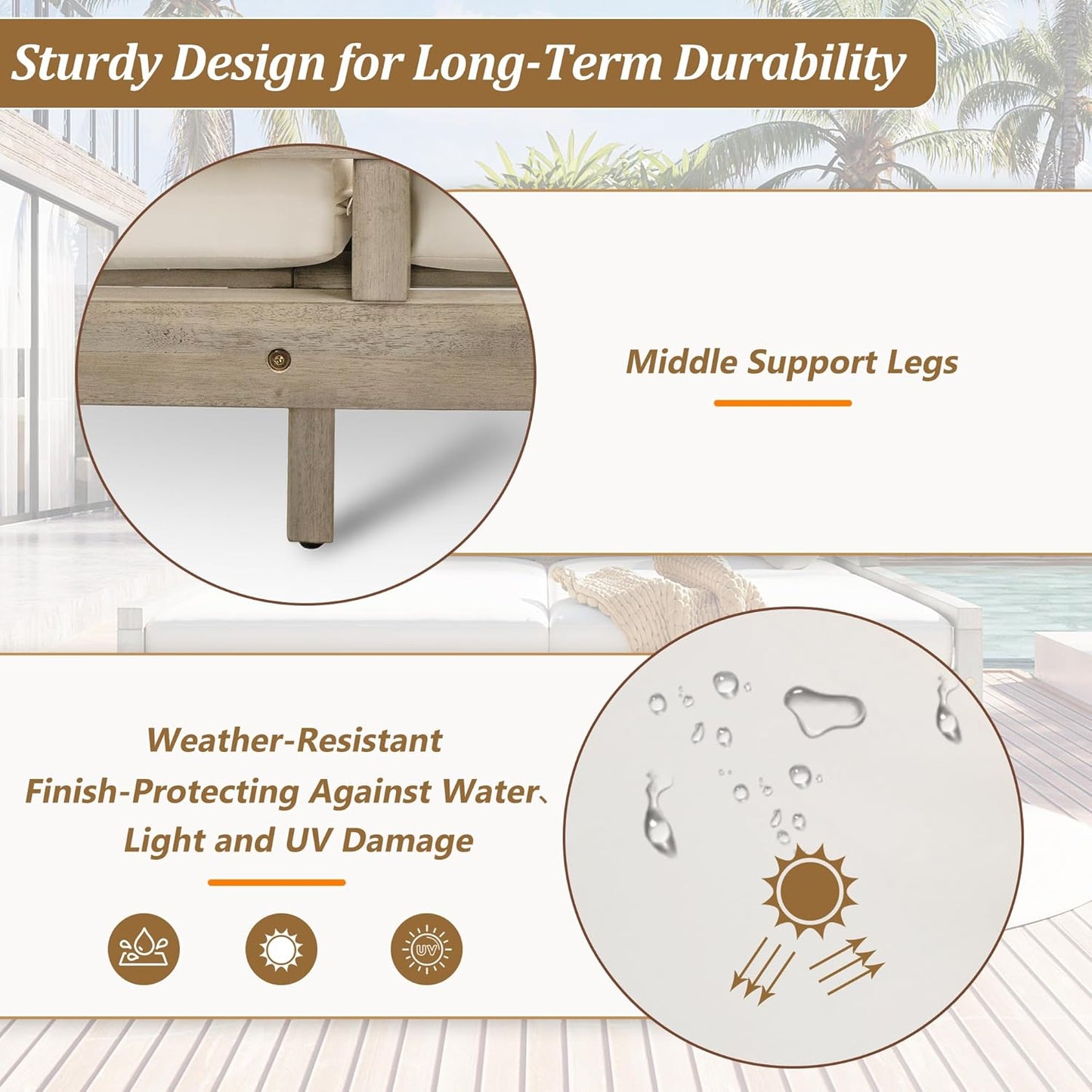 Merax Outdoor Daybed, 3 Seater Acacia Wood Daybed, Patio Day Bed with Four Pillows, Wooden Outdoor Bed with Curved Armrests for Poolside, Backyard, Garden, Gray