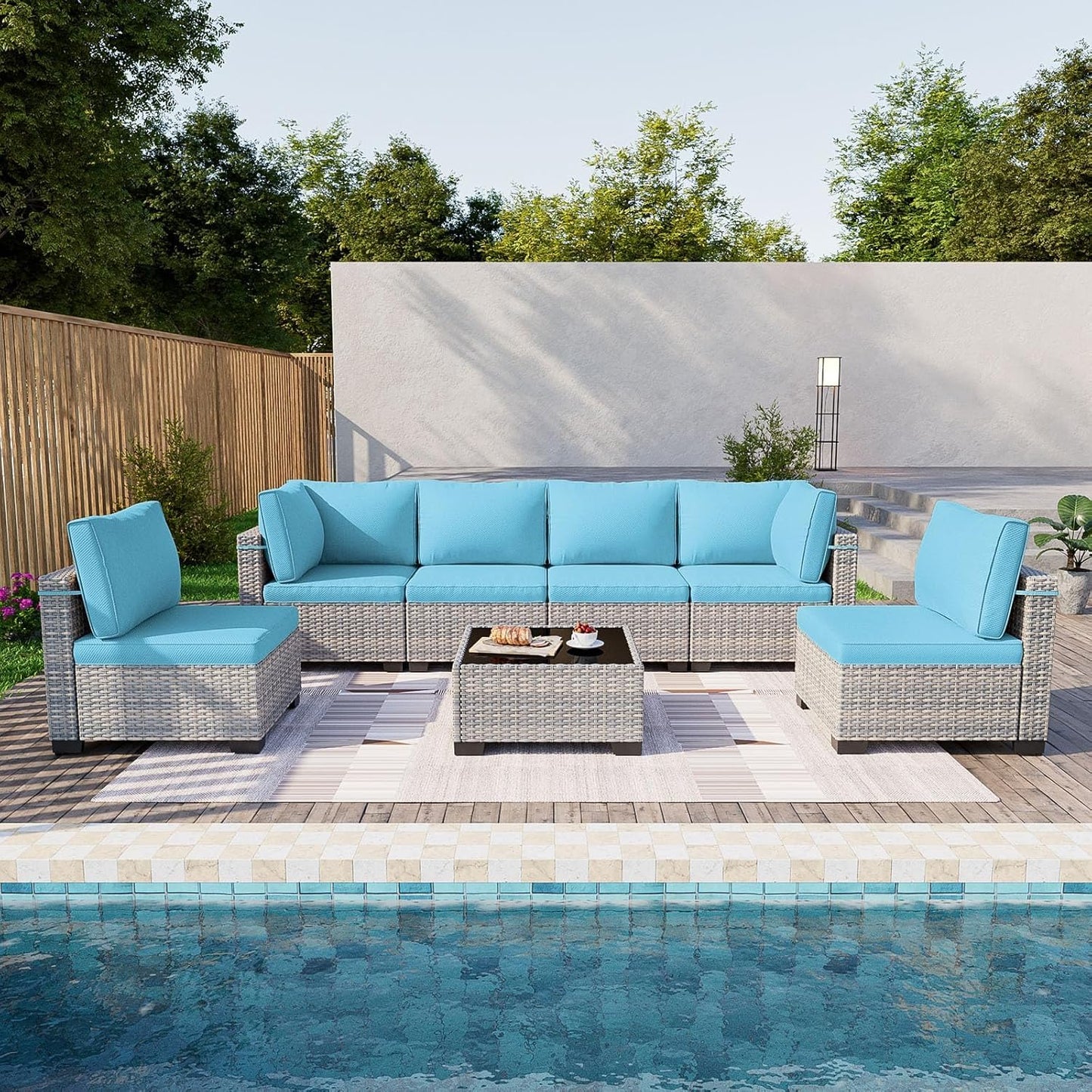7-Piece Patio Furniture Set, Outdoor Sectional with Thick Cushions, Modular Patio Sofa, Dual-Strand Wicker Rattan, Rust-Resistant Frame, Backyard Furniture for Garden, Deck, Blue