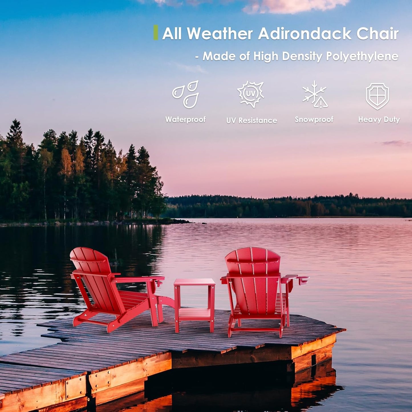 GREENVINES Folding-Adirondack-Chairs-Set-of-4 | HDPE Plastic | Fire Pit Chair | All Weather | Cup Holder | Red | for Deck Backyard Patio Outdoor Garden