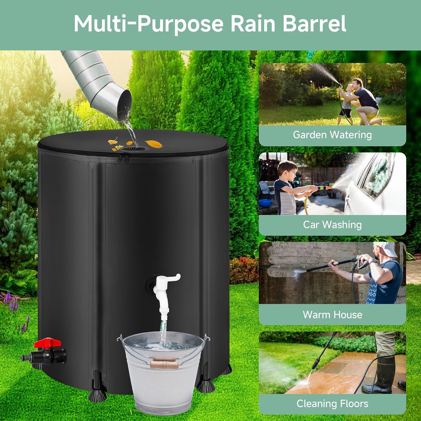 Collapsible Rain Barrel Water Storage Containers-53 Gallon Portable Rainwater Collect System Water Tank to Collect Rainwater from Gutter Downspout Water Catcher with Spigots,Filter＆Overflow Kits