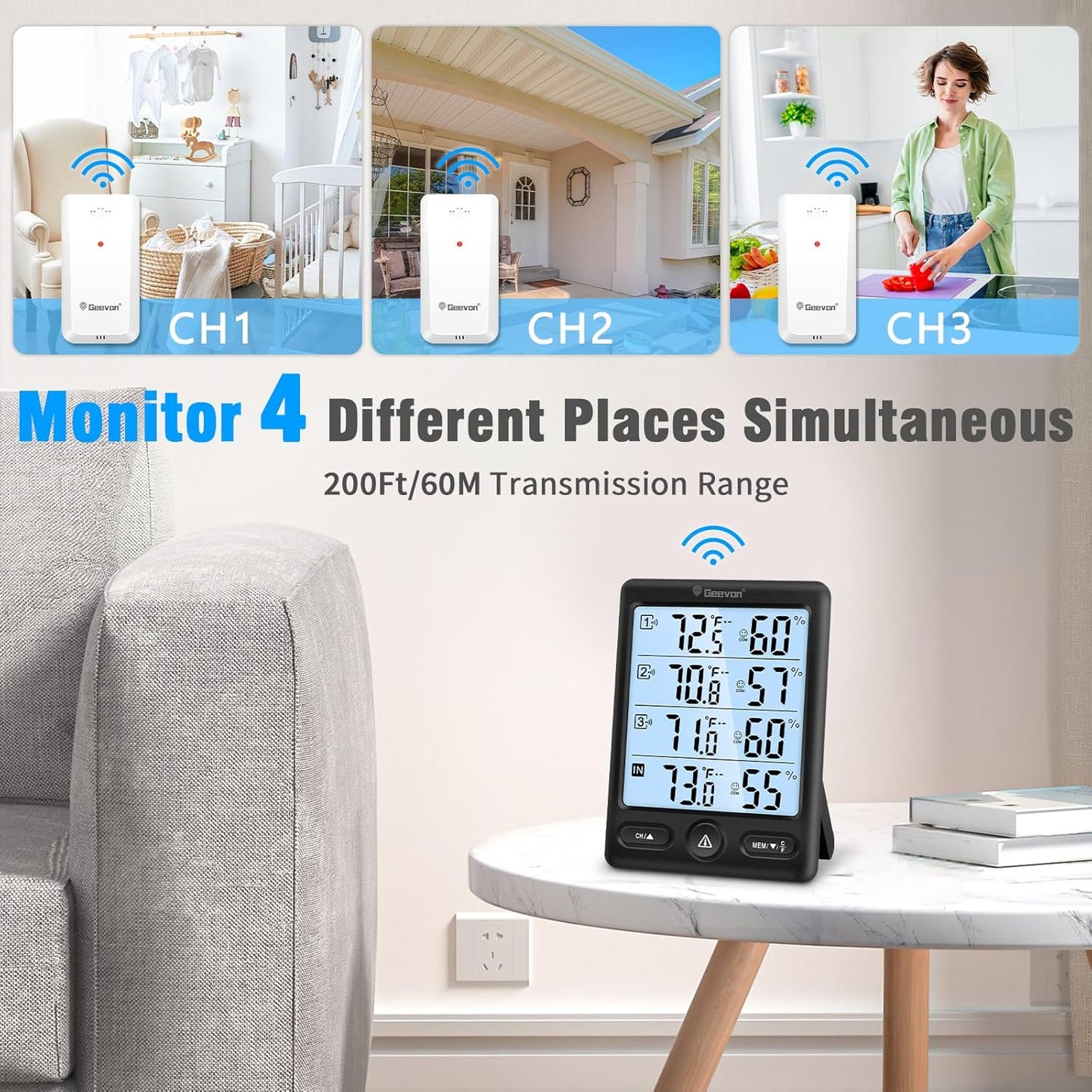 Geevon Indoor Outdoor Thermometer Wireless 3 Remote Sensors, 5-Inch Display Digital Hygrometer Thermometer Temperature Humidity Monitor with 8S Backlight, Battery-Powered (Black)