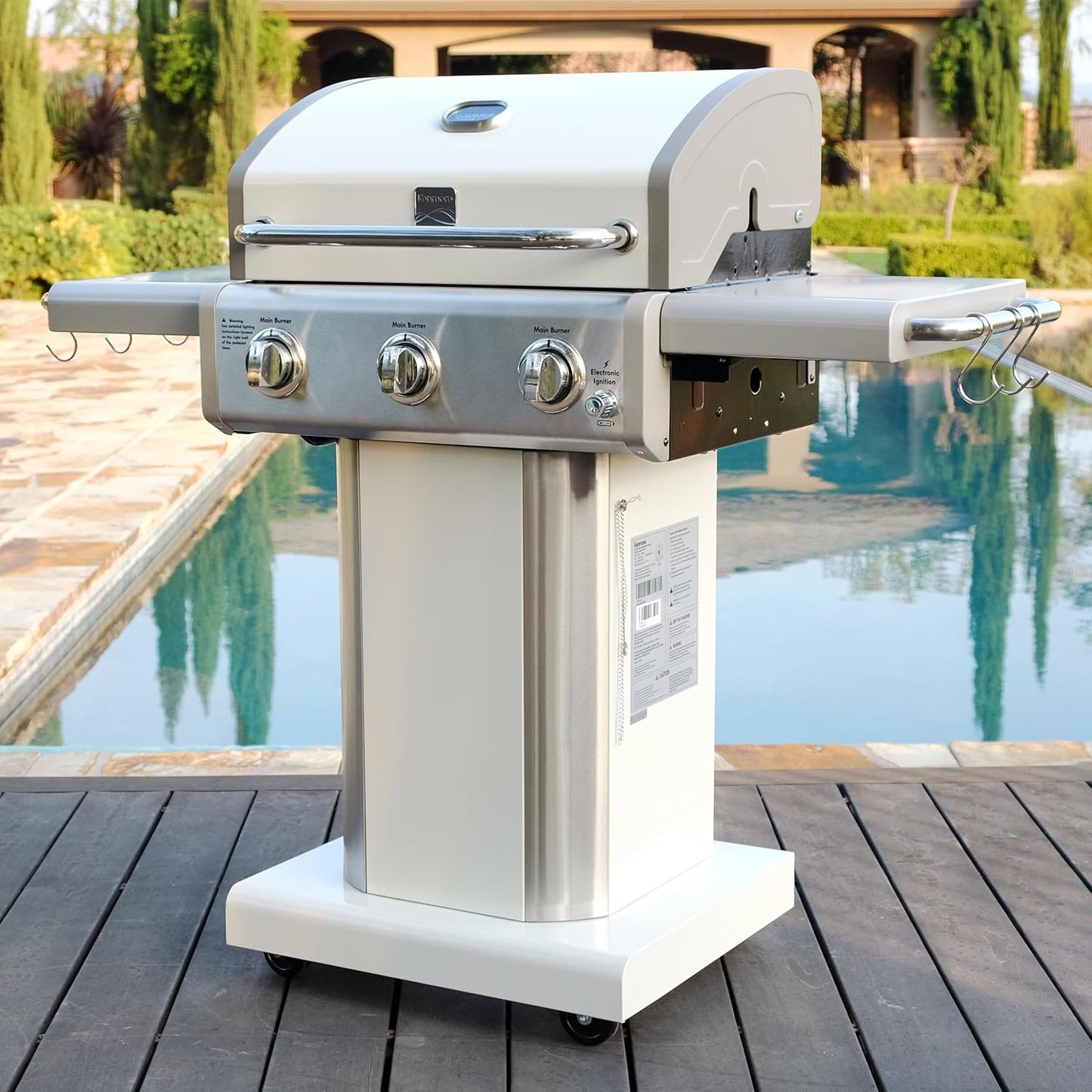 Kenmore 3-Burner Outdoor BBQ Grill | Liquid Propane Barbecue Gas Grill with Folding Sides, PG-A4030400LD-PE, Pedestal Grill with Wheels, 30000 BTU, Pearl White