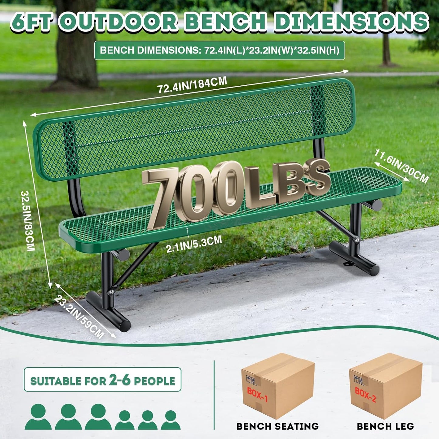 6Ft Outdoor Bench with Back Portable Frame, Outdoor Steel Park Bench with Backrest, Expanded Metal Mesh Bench for Outside, Lawn, Backyard, Park, Deck, Garden, Patio, Porch, Green