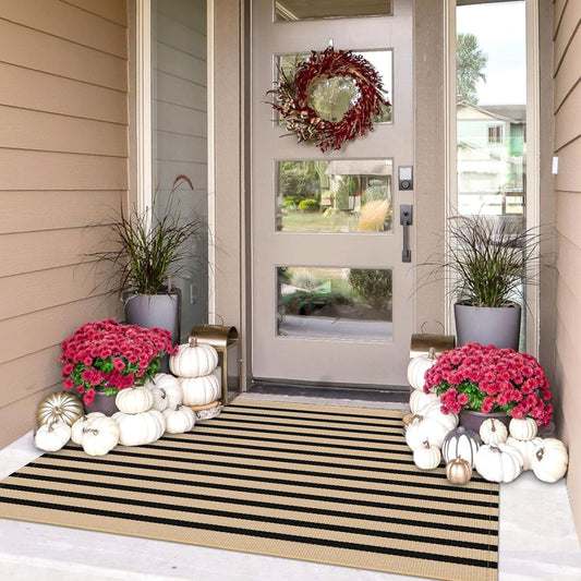 IOHOUZE Striped Area Rug 3'x5' Front Door Rugs Small Washable Area Rug for Front Porch, Spring Summer Welcome Door Mats Outdoor Indoor, Doormat for Entryway Porch Entrance, Tan/Black