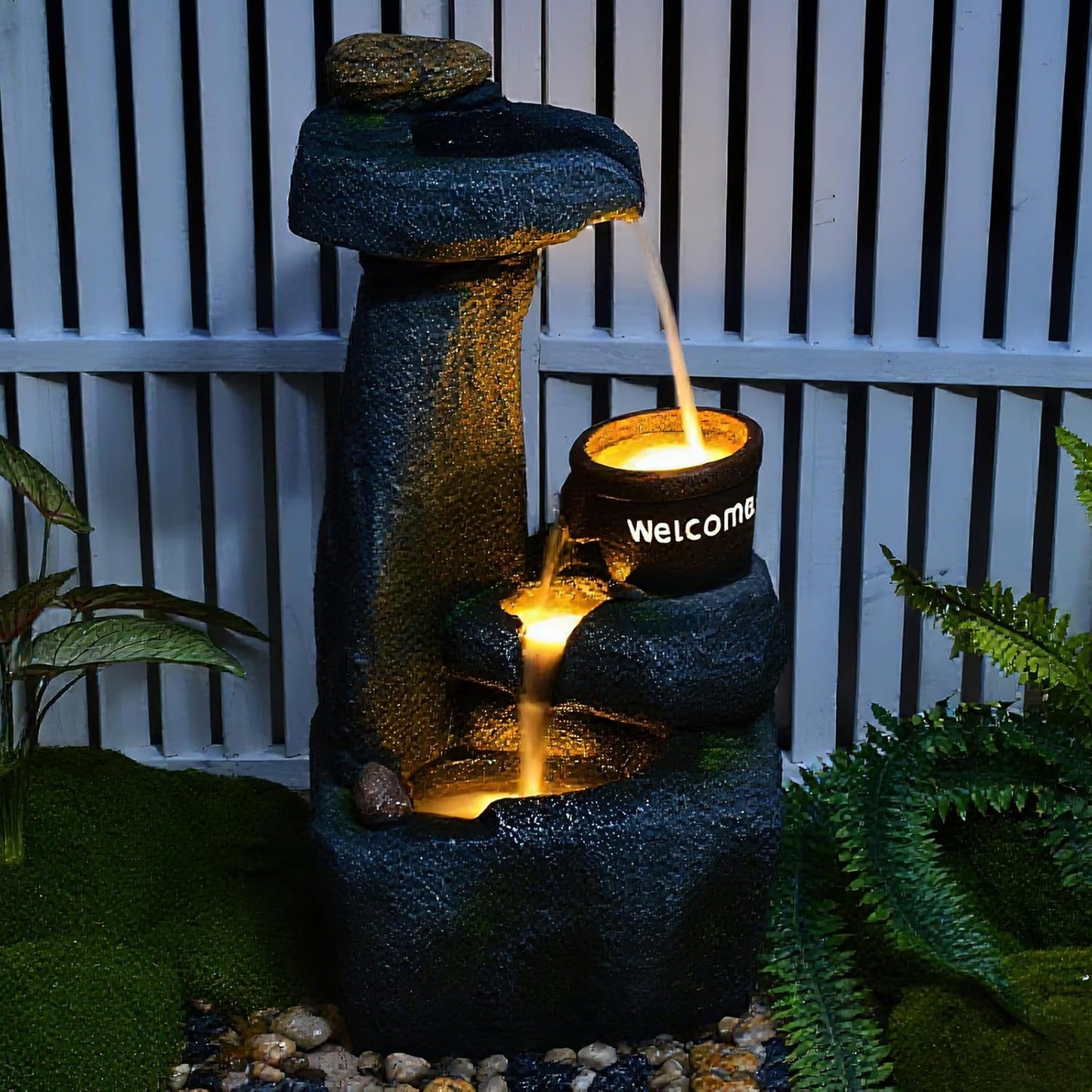 33" Outdoor Garden Water Fountain with Lights 4 Tiers Cascading Large Waterfall Floor Standing Fountain for Patio, Backyard, Deck, Porch and Home Art Decor