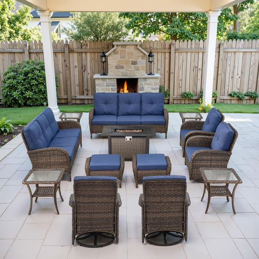 Grand 13 Pieces Outdoor Patio Furniture Set with 4 Swivel Glider Chairs and 50000 BTU Propane Fire Pit Table, Patio Conversation Set with Sofa and Wicker Side Table for Big Garden Backyard