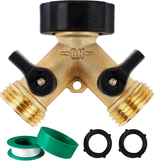 Biswing Garden Hose Splitter 2 Way, Heavy Duty Brass Connector Tap Splitter, Y Splitter 2 Valves with 2 Extra Rubber Washers