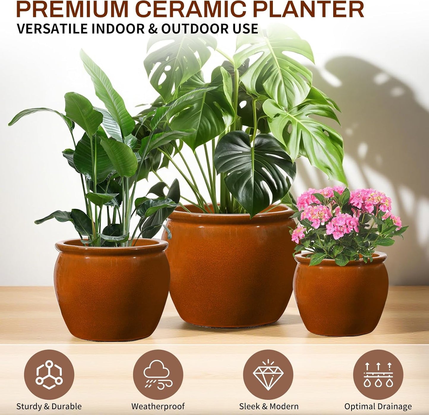 Ceramic Plant Pots Set of 3,9+11.6+14.6 Inch Flower Planters with Drainage Holes Indoor Outdoor, 19.8/8.7/3.8 Qt Capacity, Terracotta Brown Glaze
