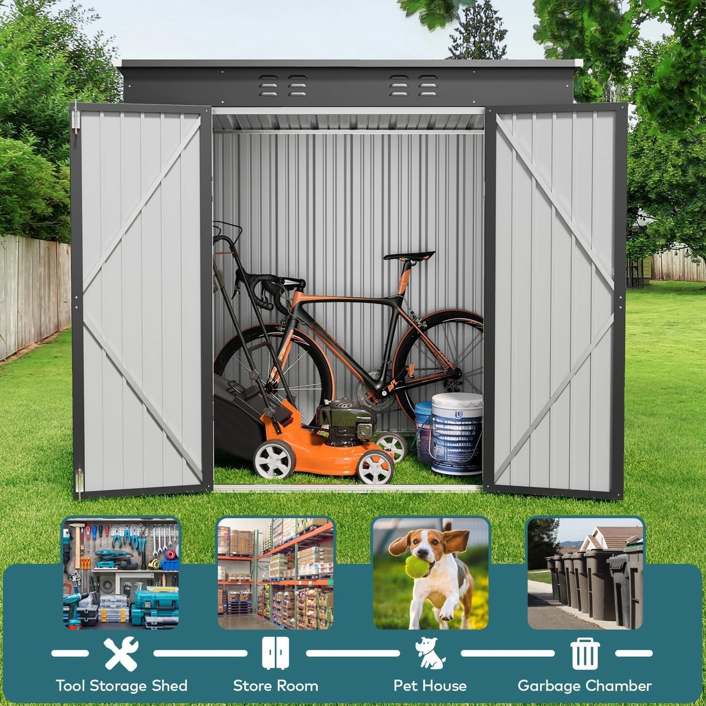 Gizoon 6' x 4' Outdoor Storage Shed with Double Lockable Doors, Anti-Corrosion Metal Garden Shed, Waterproof Shed Outdoor Storage Clearance for Backyard Patio Lawn-Dark Gray