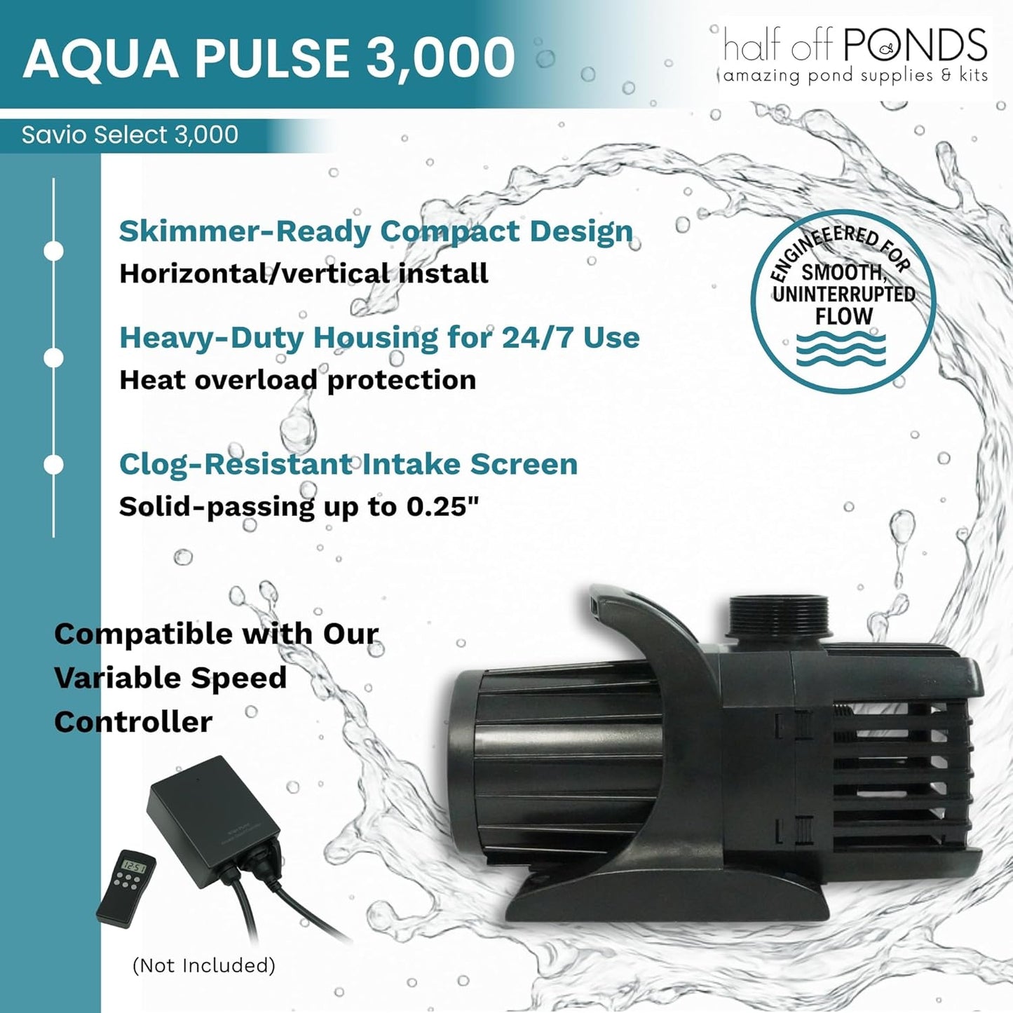 HALF OFF PONDS Savio Select 3,000 GPH Submersible Pump Pond Kit with 10' x 15' EPDM Rubber Pond Liner, UV Clarifier for Water Garden & Koi Pond