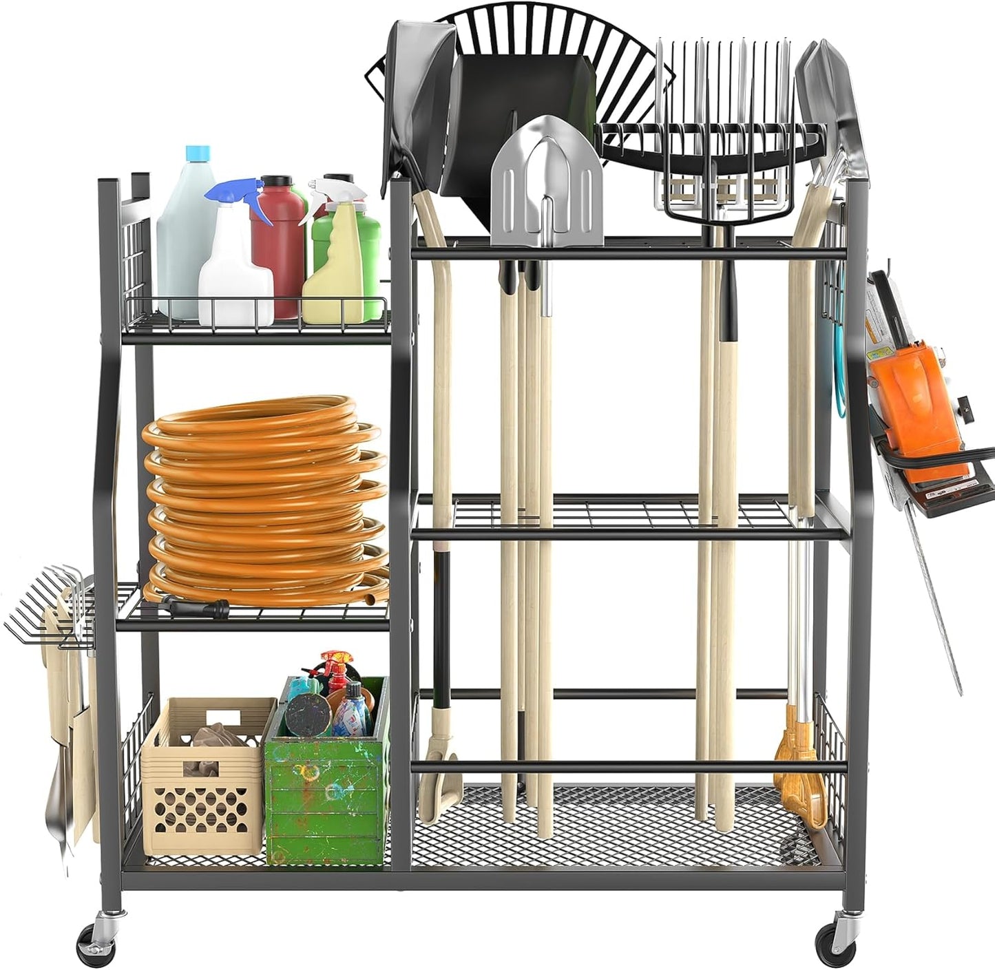 TORACK Garden Tool Organizer with Wheels, Rakes Shovels Yard Tools Stand for Garage, Shed, Garden, Indoor/Outdoor Long-Handled Tools Cart