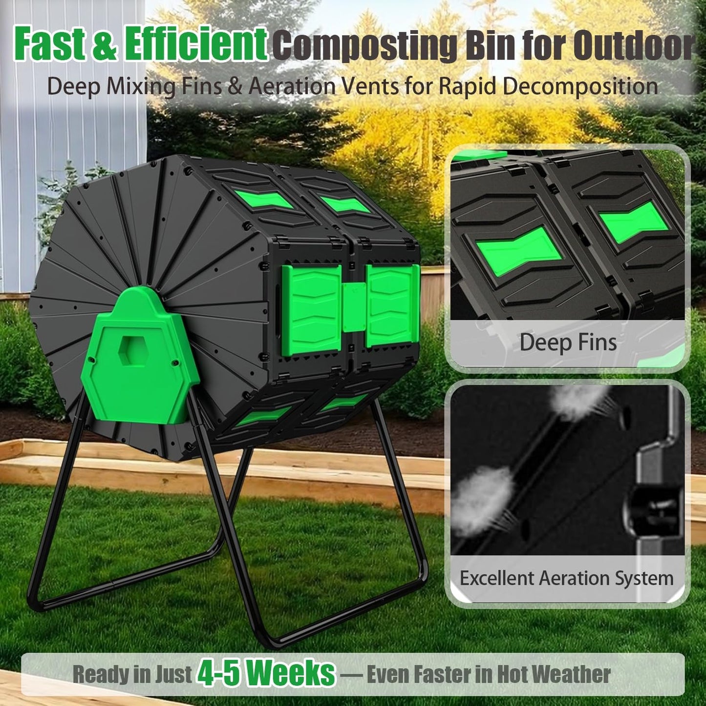 Compost Bin Outdoor, 45Gallon Dual Chamber Composter Large Composting Bin, 360° Rotating Compost Bin, BPA-Free Fast-Working Tumbling Compost Barrel, Kitchen Garden Composter Tumbler (Green)