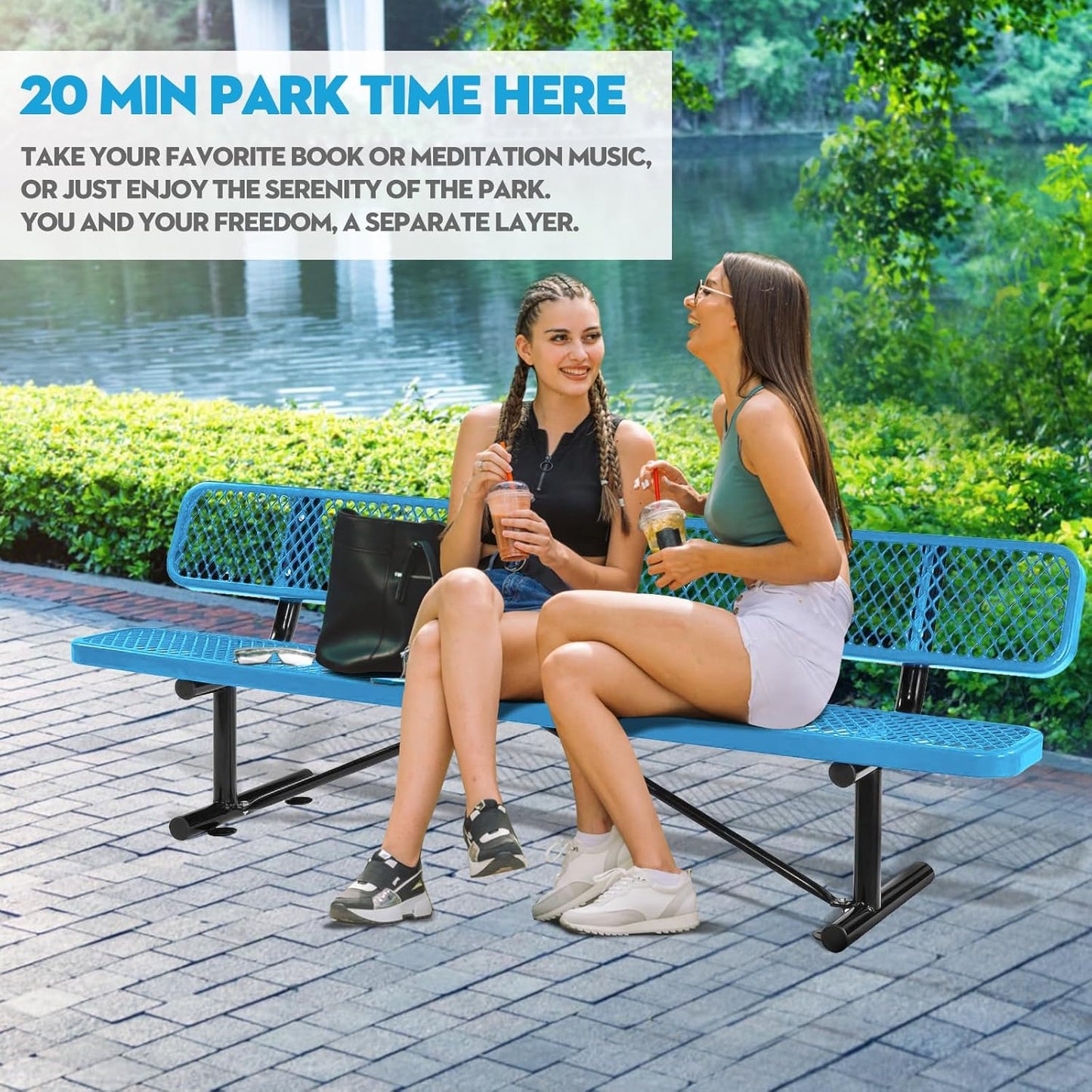 8Ft Outdoor Bench with Back Portable Frame, Outdoor Steel Park Bench with Backrest, Expanded Metal Mesh Bench for Outside, Lawn, Backyard, Park, Garden, Patio, Porch, Blue