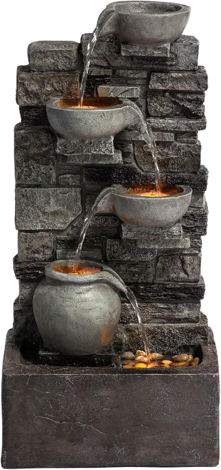 Teamson Home 28.5" Outdoor 4-Tier Stacked Stone Cascading Water Fountain with LED Lights, Gray