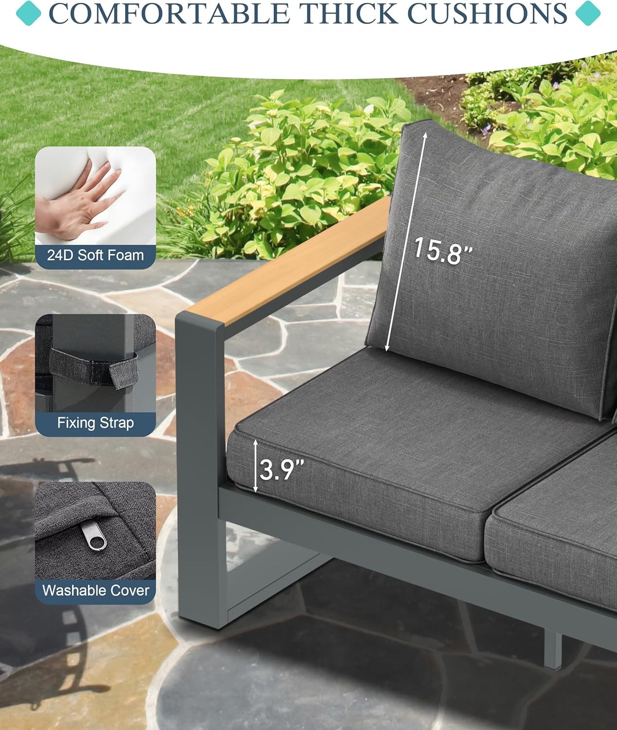 BPS Outdoor Aluminum Patio Furniture Loveseat, 1 PCS All-Weather Metal Outdoor Sofa Chairs with Washable Thick Cushion for Garden, Patio, Balcony and Proch