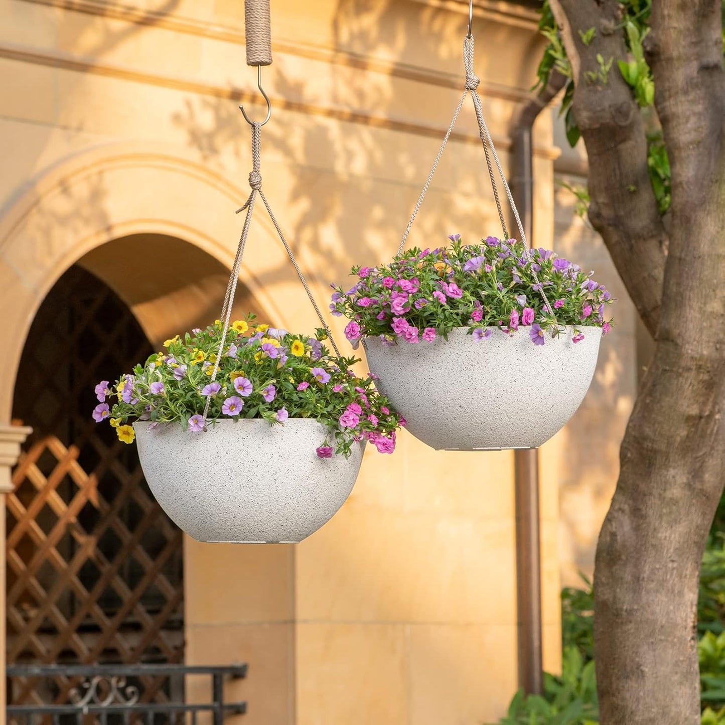 LA JOLIE MUSE Large Hanging Planters for Outdoor Plants - 13 Inch Hanging Flower Pots Set of 2, Speckled White