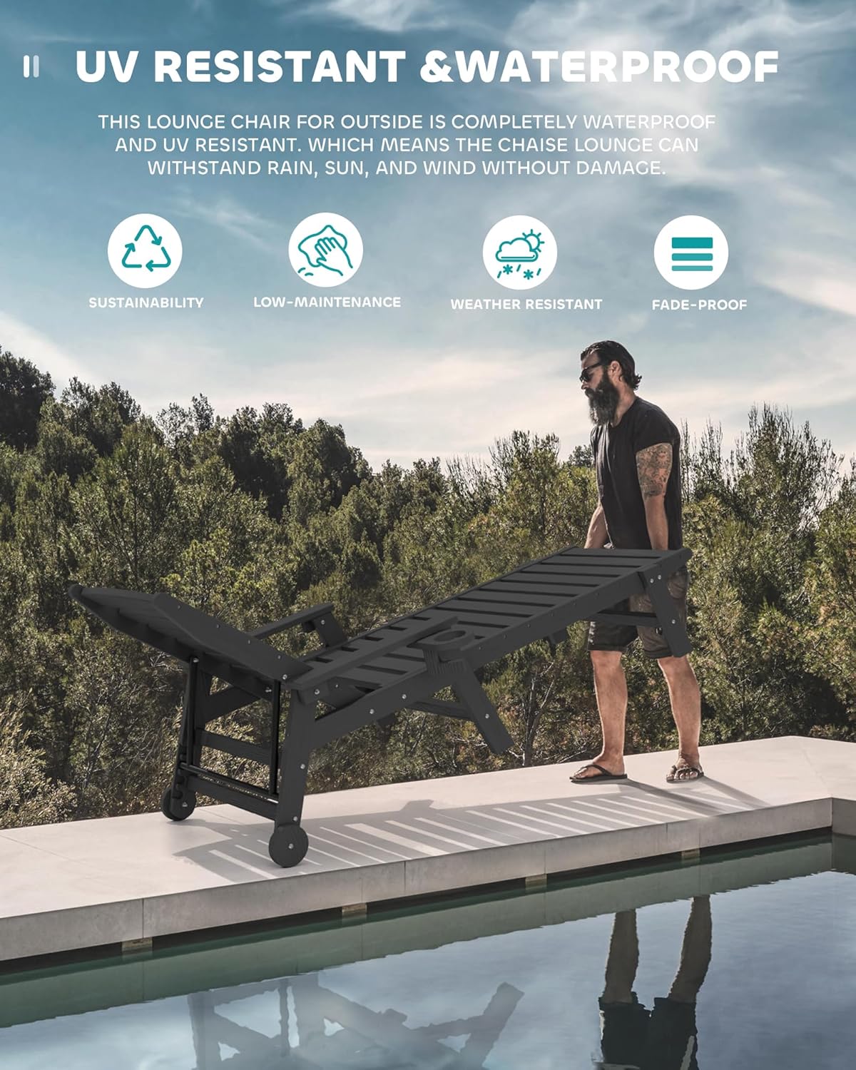 SERWALL Patio Chaise Lounge Chair Set of 4, 5 Positions Adjustable Poly Outdoor Lounge Chair for Pool, HDPE Lounge Chair with Rolling Wheels & Cup Holder for Poolside, Deck, Obsidian Black