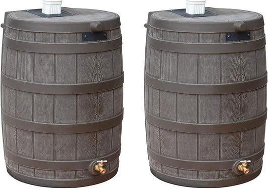 Good Ideas 50 Gallon Large Faux Wood Plastic Rain Water Barrel Collector with Brass Spigot for Rainwater Collection and Storage, Oak, 2 Pack